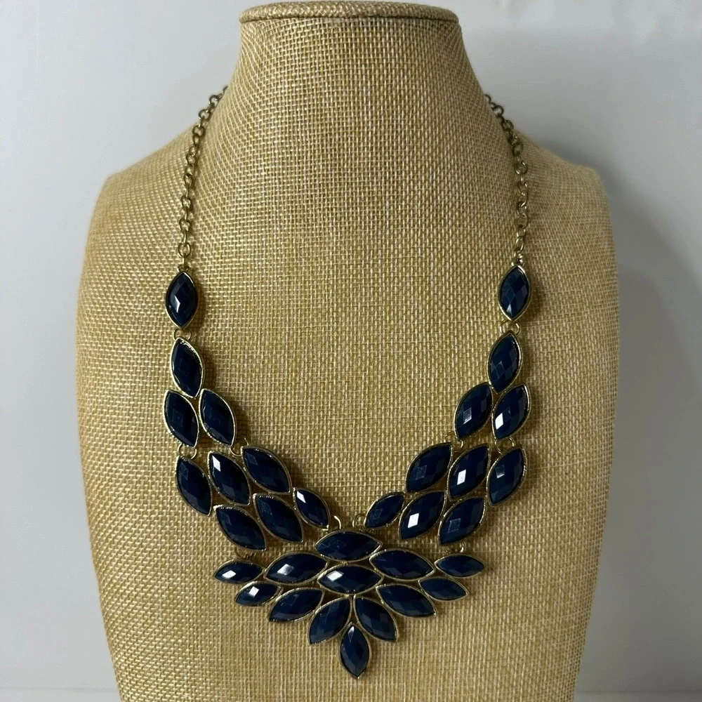 Navy Blue Marquise Rhinestone Bib Necklace Gold Tone Statement Adjustable Chain‎
